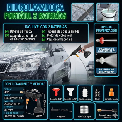🚿 Hidrolavadora Portátil de Alta Presión 💦 🚗🏍️ Ideal para Carro y Moto 🔋 Incluye 2 Baterías Recargables