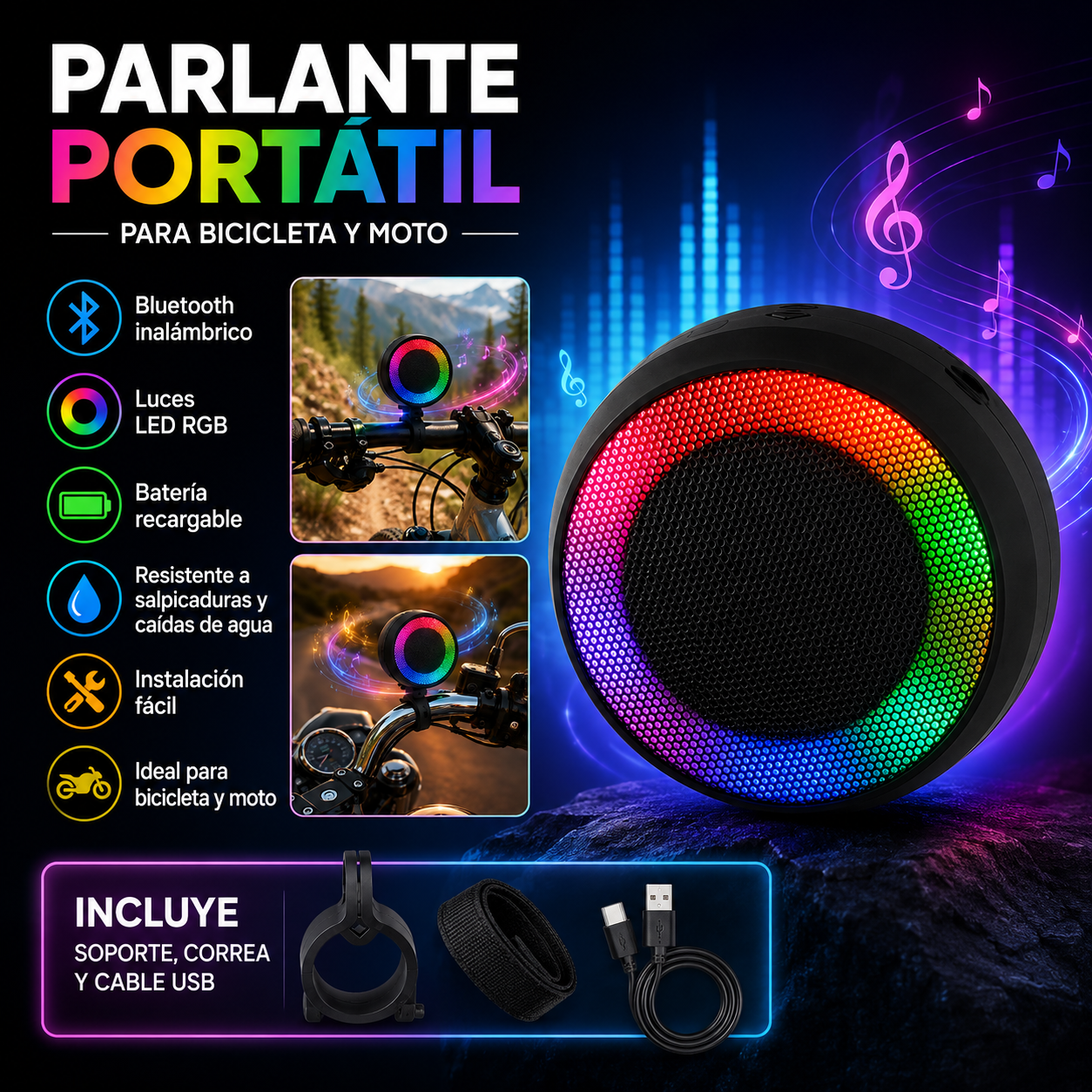🚴‍♂️🔊 Parlante Portátil Para Bicicleta y Moto Bluetooth RGB | Música, Luces y Diversión en Cada Ruta 🌈🎶